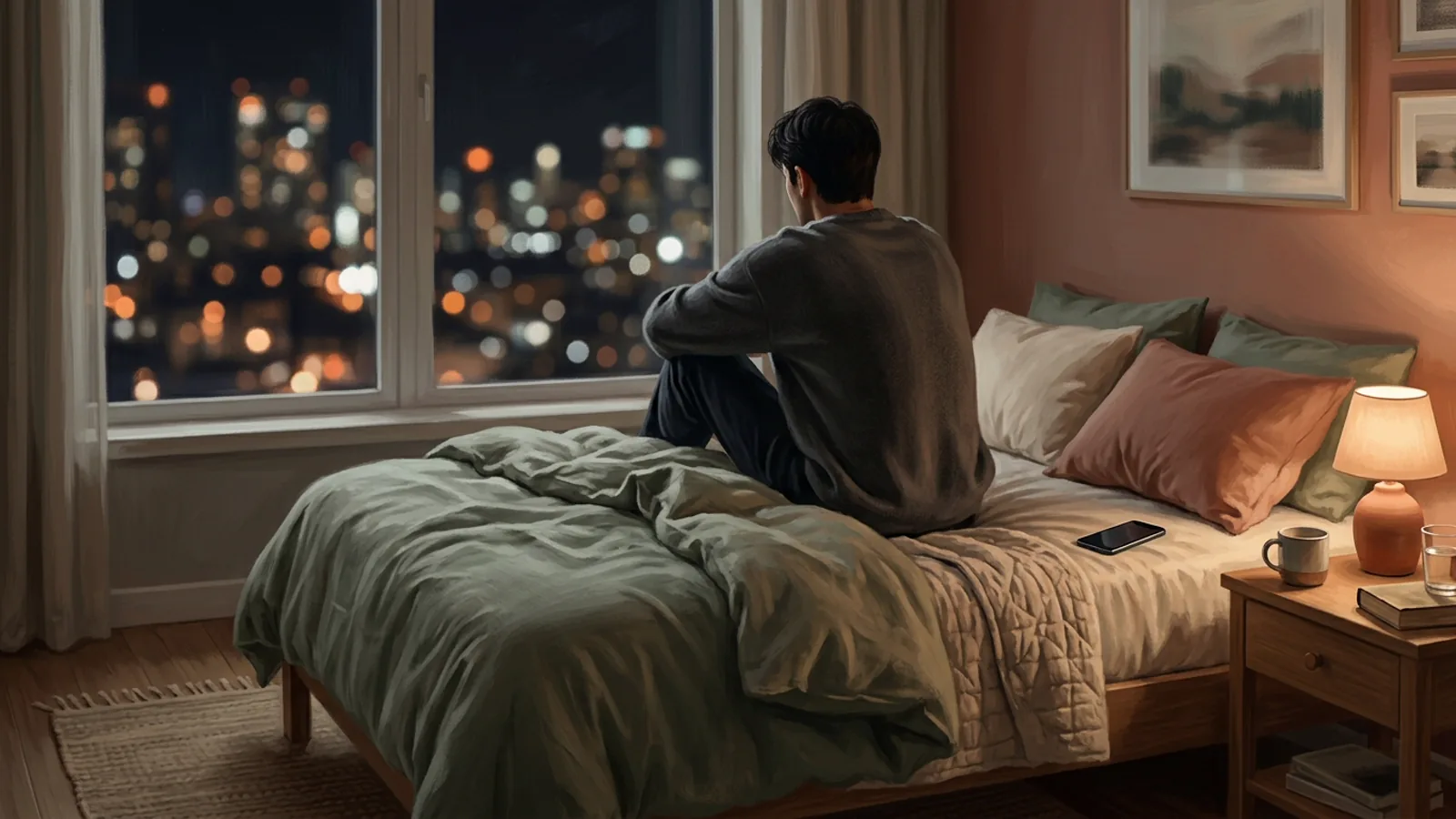 A person seen from behind sits on the edge of a bed at night, phone face-down beside them, city lights blurred through the window.