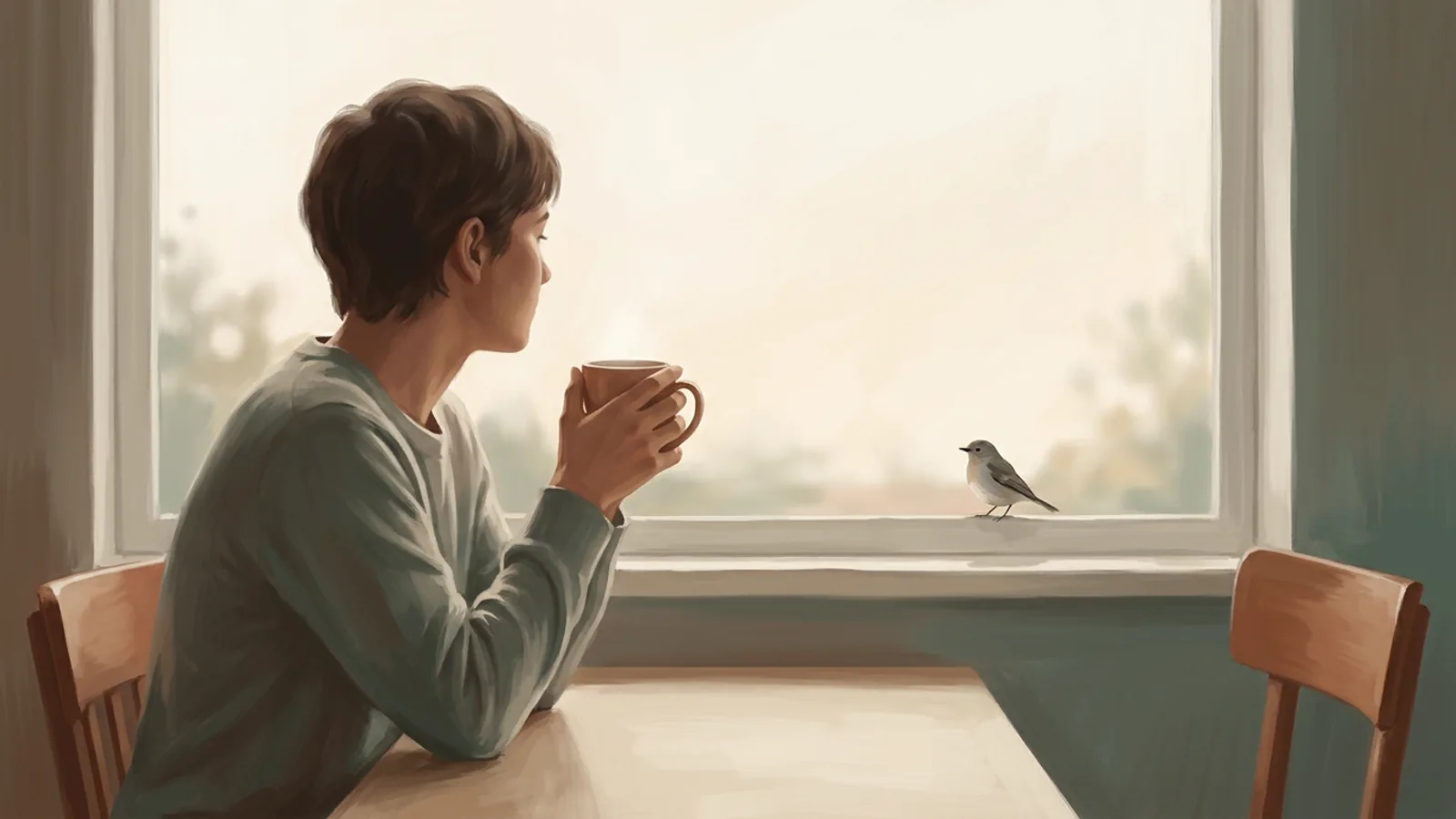A person sits quietly at a table by a large window at dawn, hands around a warm mug, while a single songbird perches unhurried on the windowsill — the thought present but not chased, free to leave on its own.