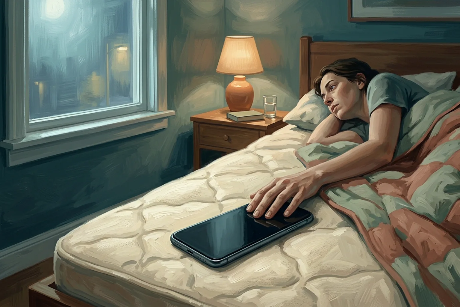 A person lies awake at night with a phone face-down on the bed beside them, lit by moonlight and a warm bedside lamp.