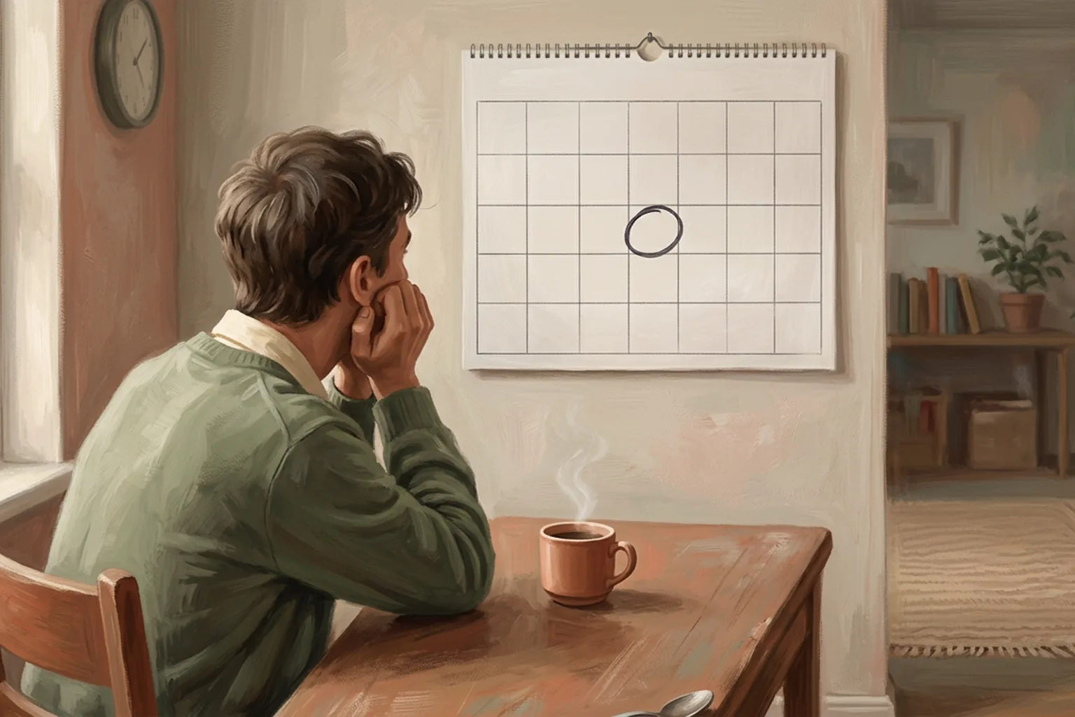 A person sits at a table in morning light looking at a wall calendar with a single day circled in pen three weeks ahead.
