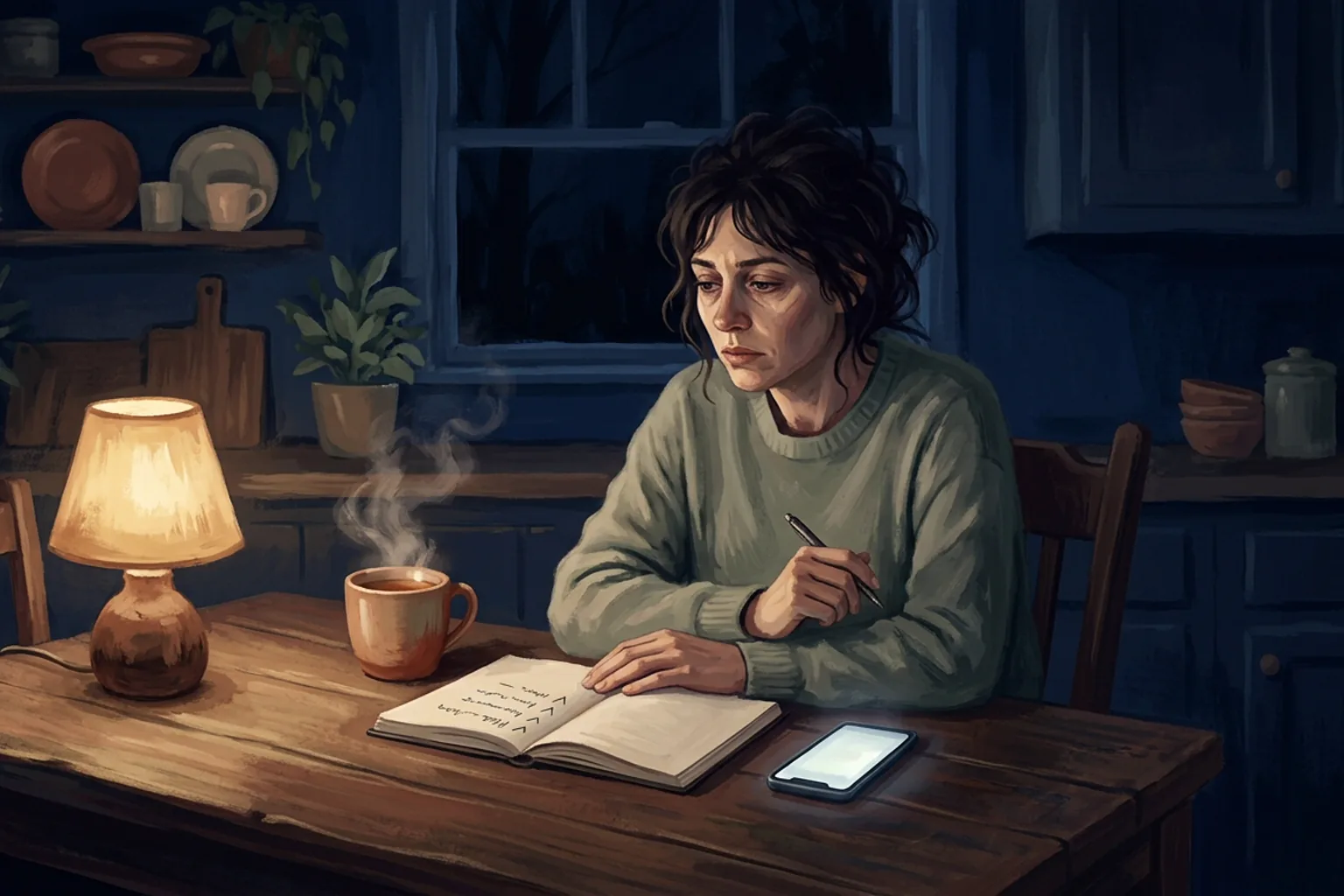 A person sits at a kitchen table late at night with a phone, a notebook and a steaming mug, the notebook page mostly empty except for a short handwritten list.