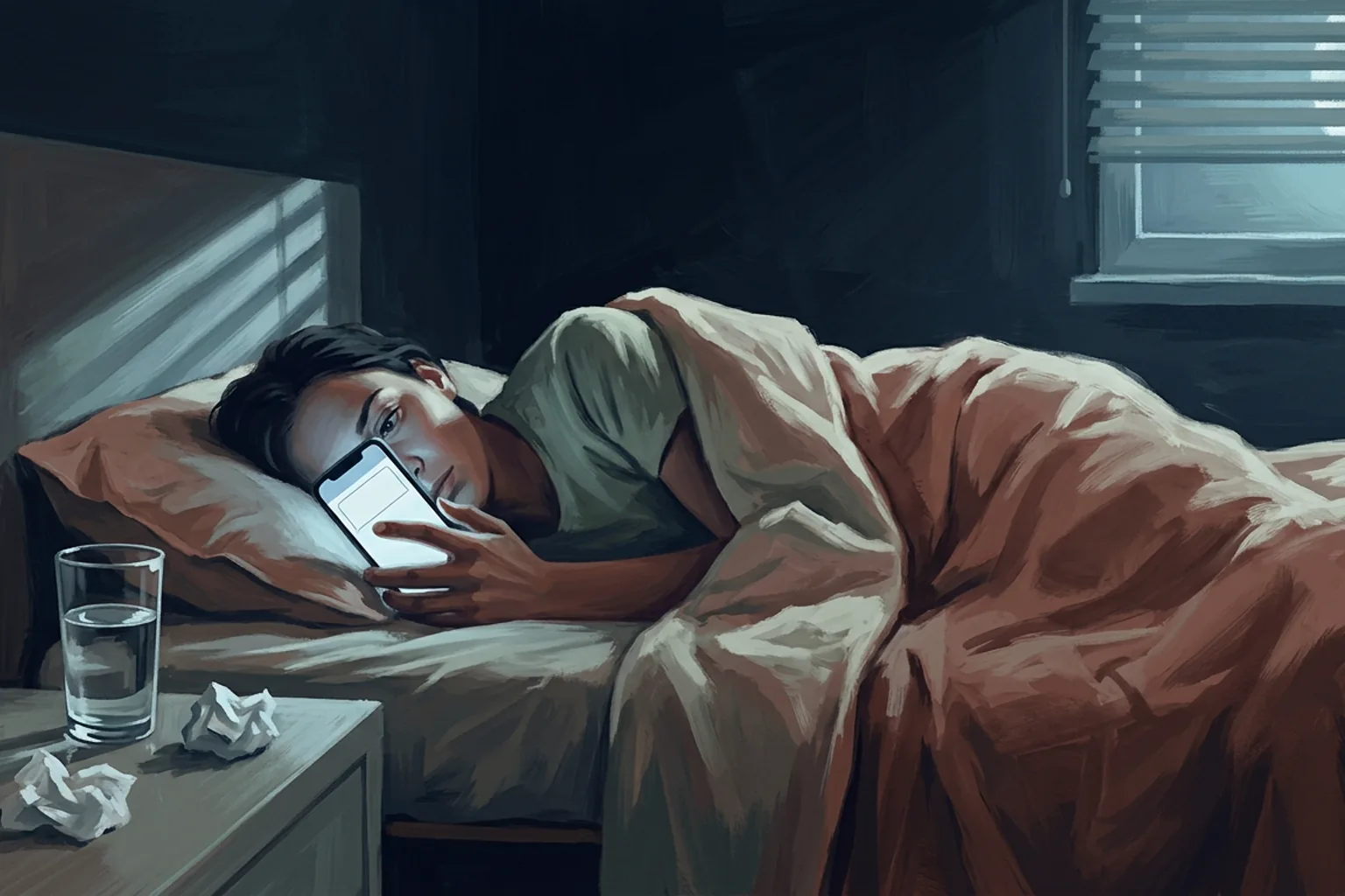 A person lies in bed in the dark holding a phone, the screen the only light, thumb hovering over an empty text box.