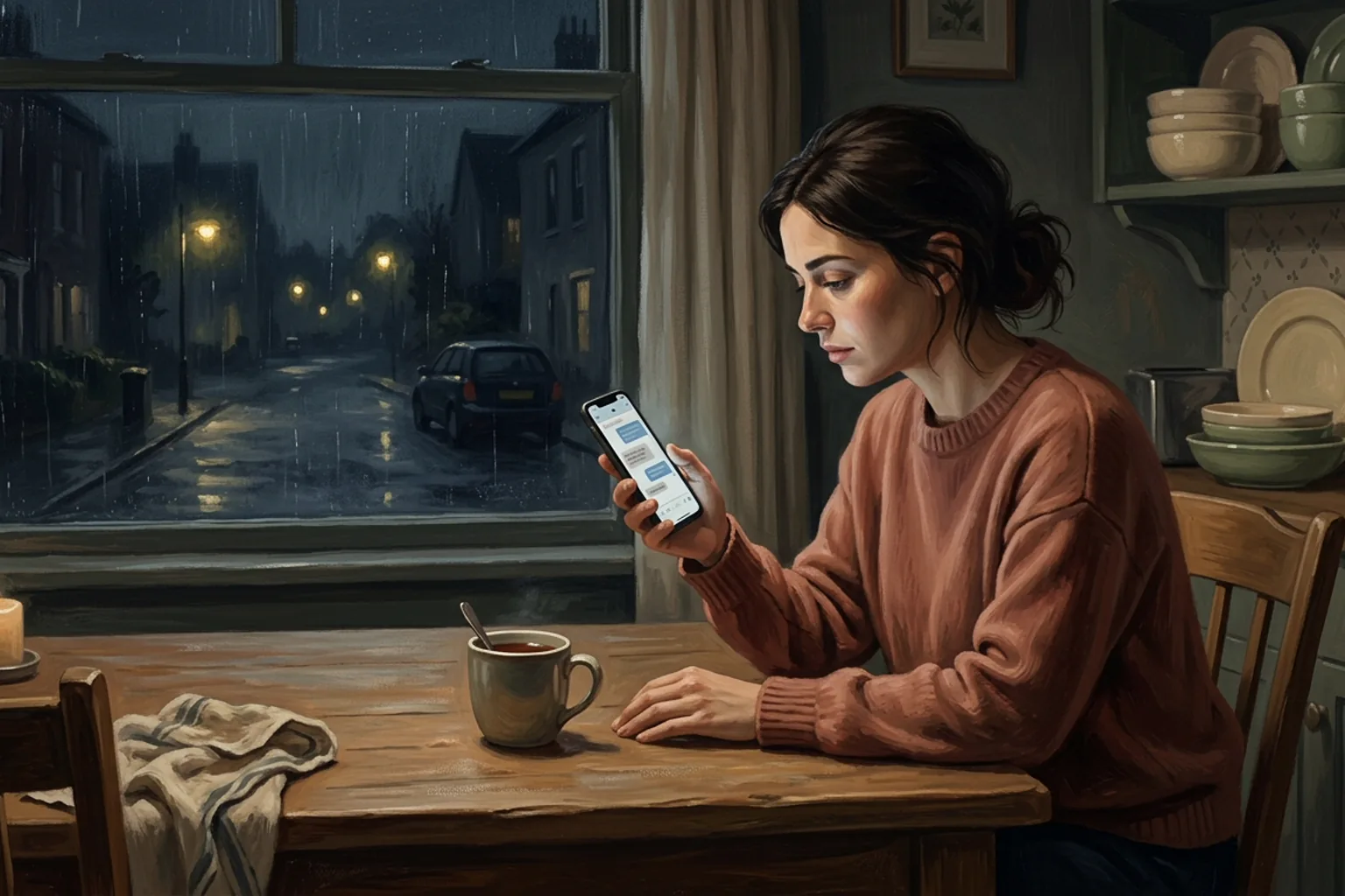 A person sits at a kitchen table late at night holding a phone, paused over a message, with a cold cup of tea beside them.