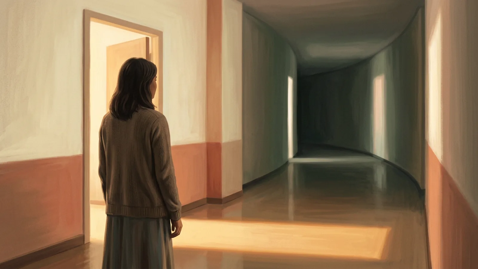 A person stands at the end of a long, empty hallway in the soft early-morning light, a single open door behind them casting a warm rectangle of light — ahead, an unlit corridor that curves out of sight.
